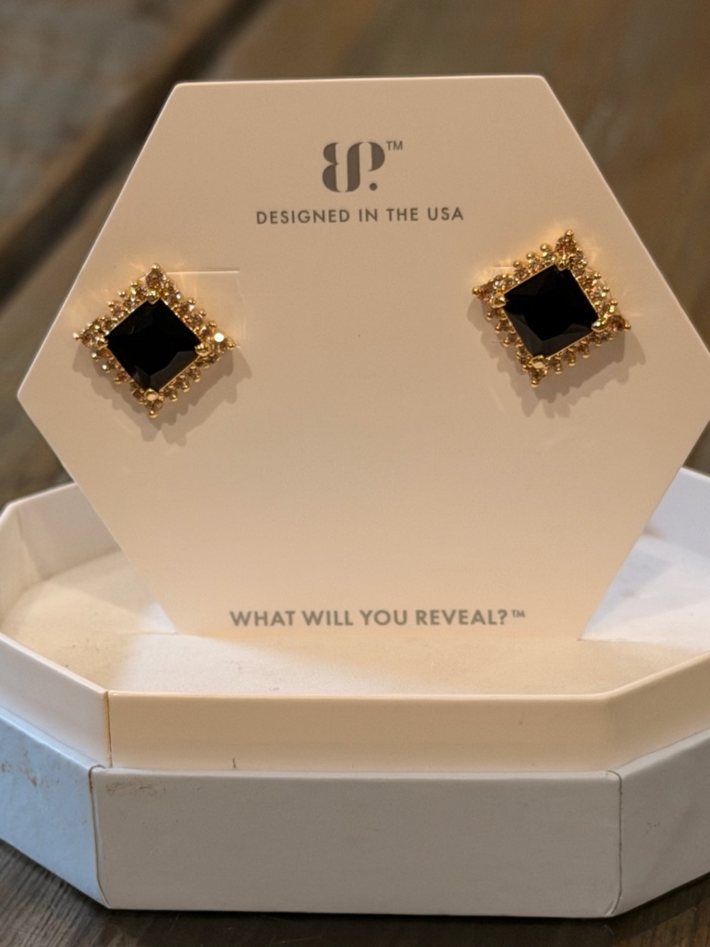 Bomb Party NWOT! Black and Gold Square Crystal Stud Earrings